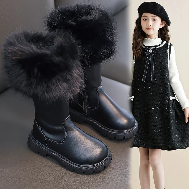 

Girls High Boots Plush Cotton 2025 Autumn Winter Elegant Side Zipper Plush Warm Fashion Children Leather Boots