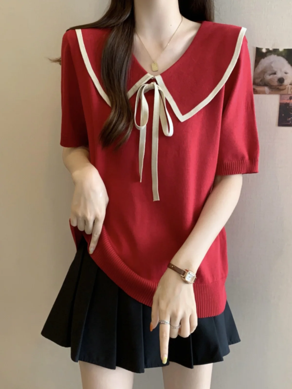 

Red Doll Collar Short Sleeve T-Shirt Women's Summer plus Size Slimming Age-Defying Top Belly Concealing Stylish Beautiful Shirt