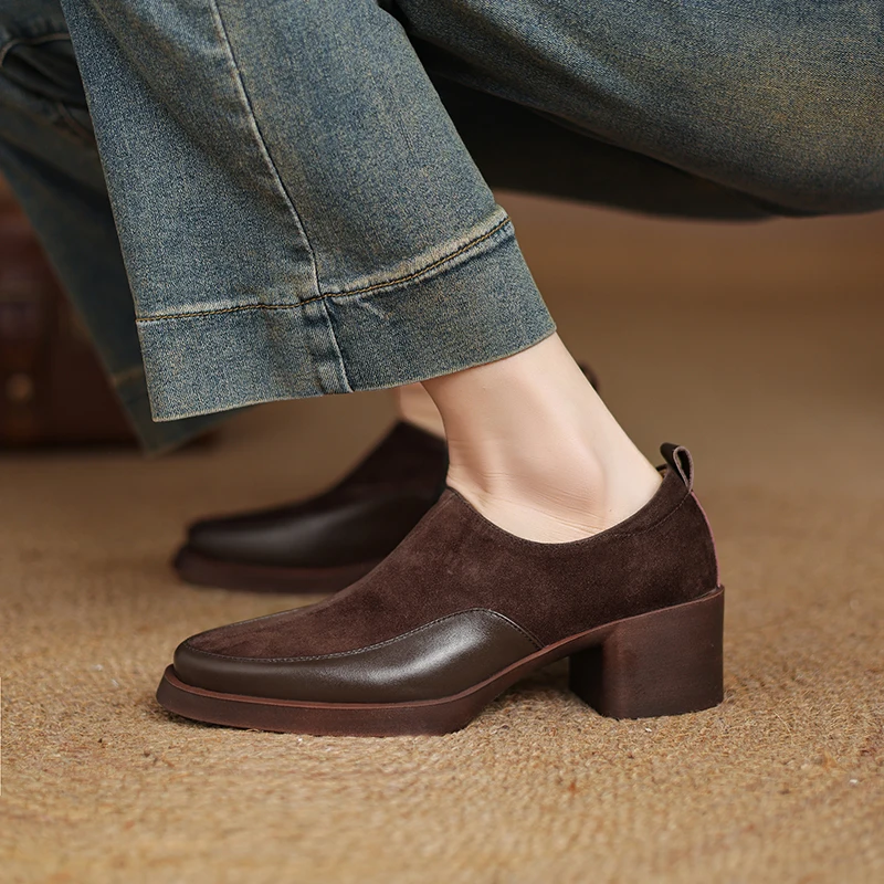 

2026 New Women Pumps Pointed Toe Women Shoes Chunky Heel Loafers Fashion High Heels Sheep Suede Leather Ladies Shoes Big Size 43