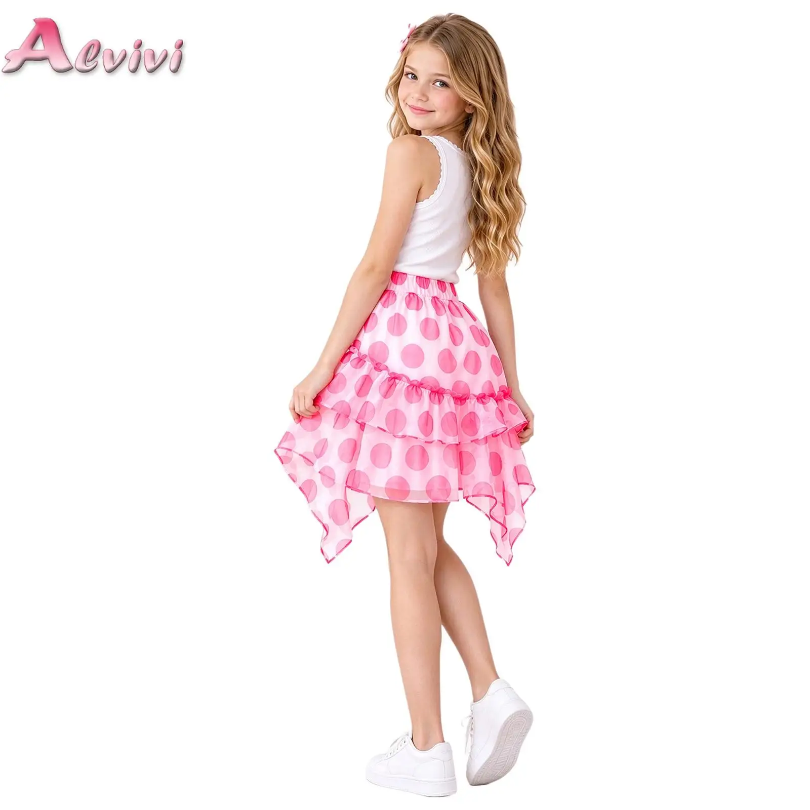 Kids Girls Polka Dot Skirt High Waist Elastic Waistband Irregular Tulle Ruffled Hem Satin Skirts for Casual Daily Life Birthday