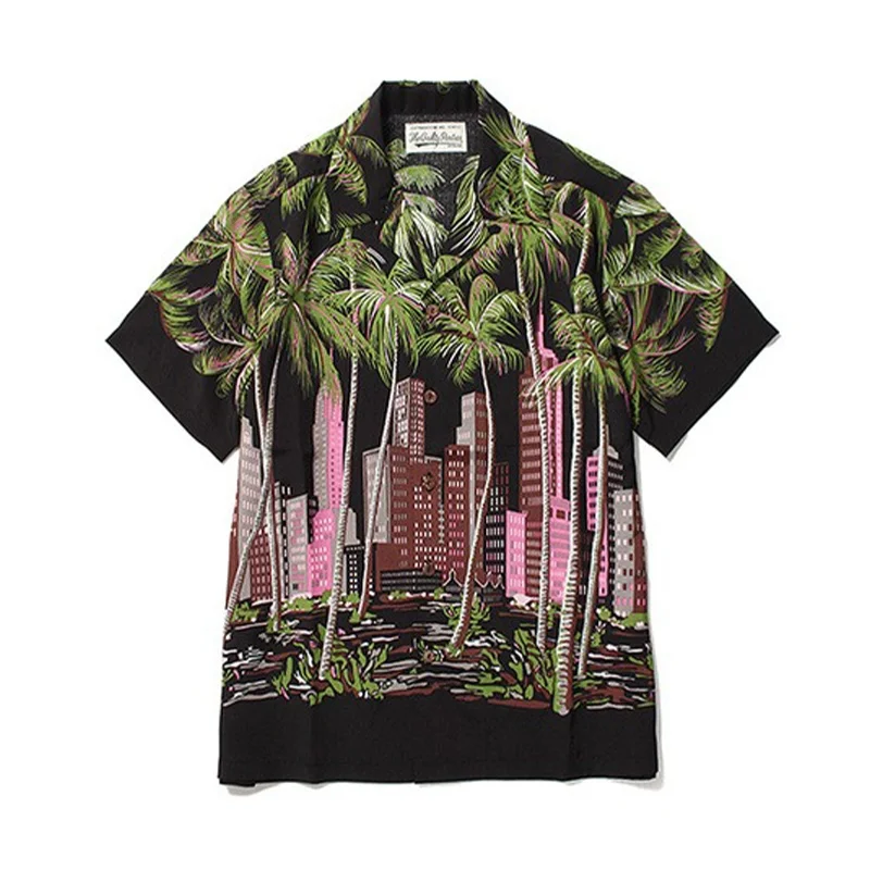 High Street Summer Trendy Mens Womens WACKO MARIA Coconut Tree High Rise City Full Print Hawaii Casual Short Sleeve Shirt