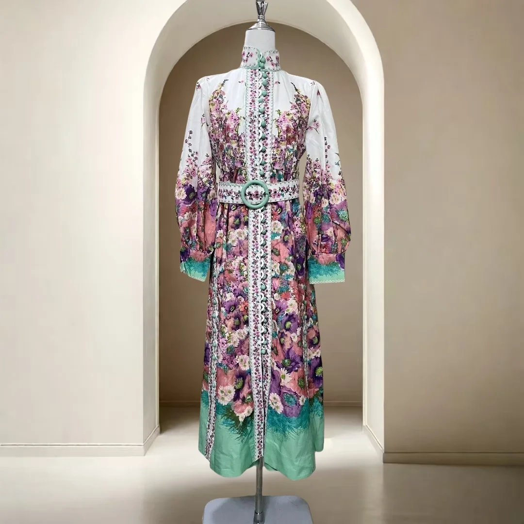 

Women's Floral Print Linen Midi Dress Soft Fabric A Line Cut Retro Style Long Sleeve Summer Garden Party Elegant Look