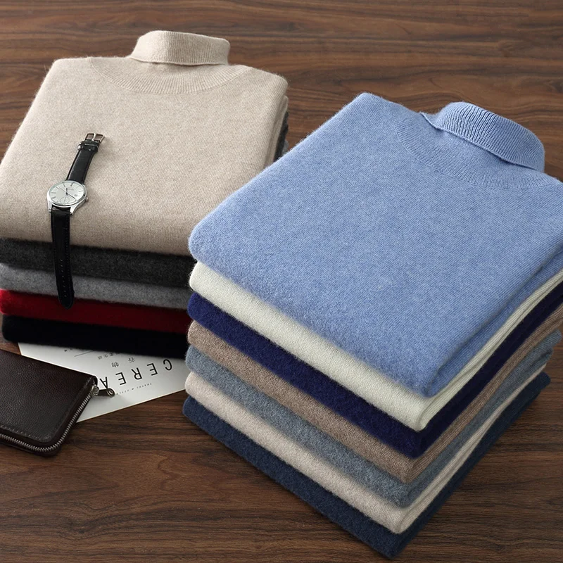 

Осень/зима мужской пуловер из 100% кашемира, деловой повседневный однотонный вязаный свитер, свободные топы с высоким воротником, базовый толстый теплый джемпер