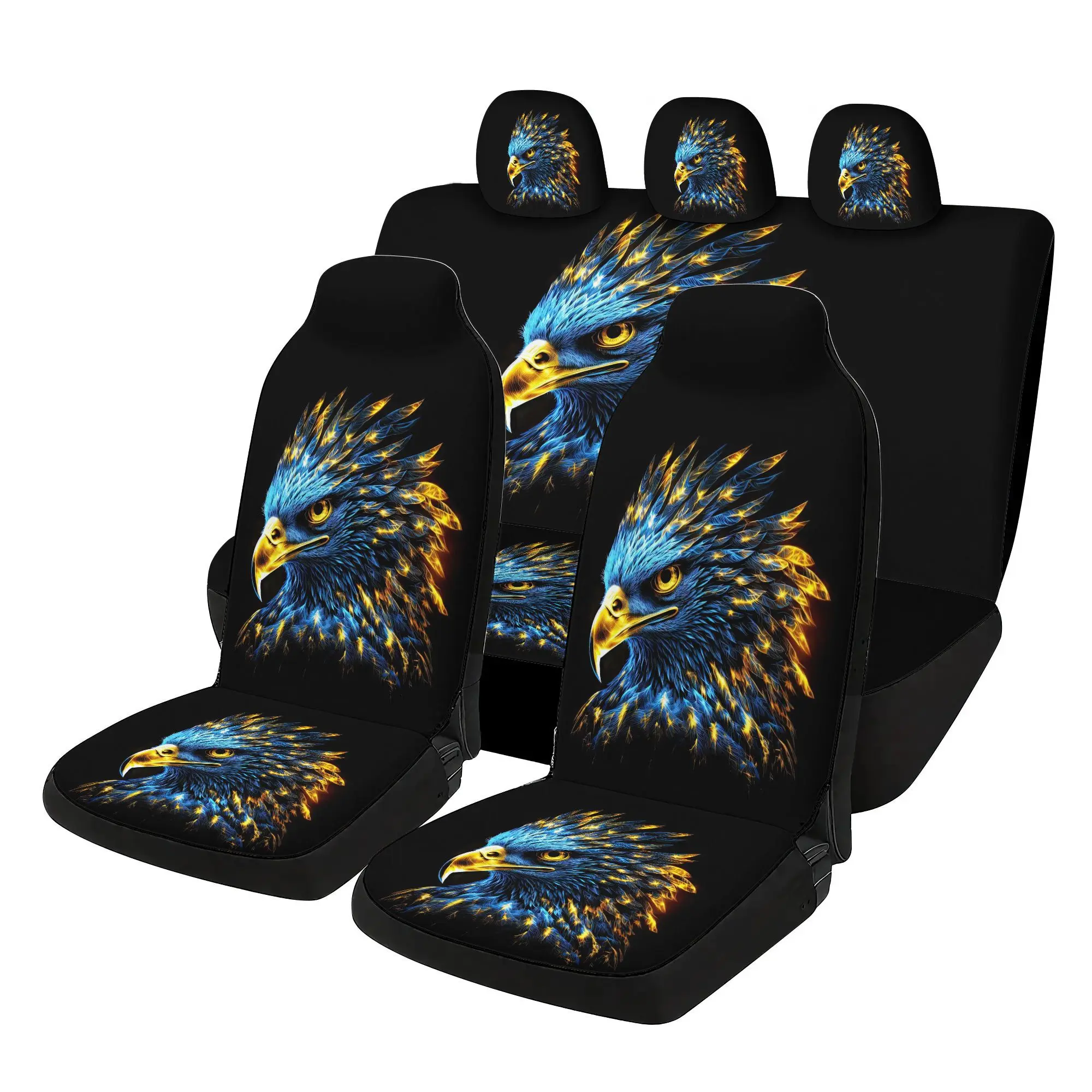 7pcs Set Blue Golden Eagle Car  Covers Set - Including 2 Front  Covers + 1 Rear  Back Cover + 1Rear  Cover + 3 C