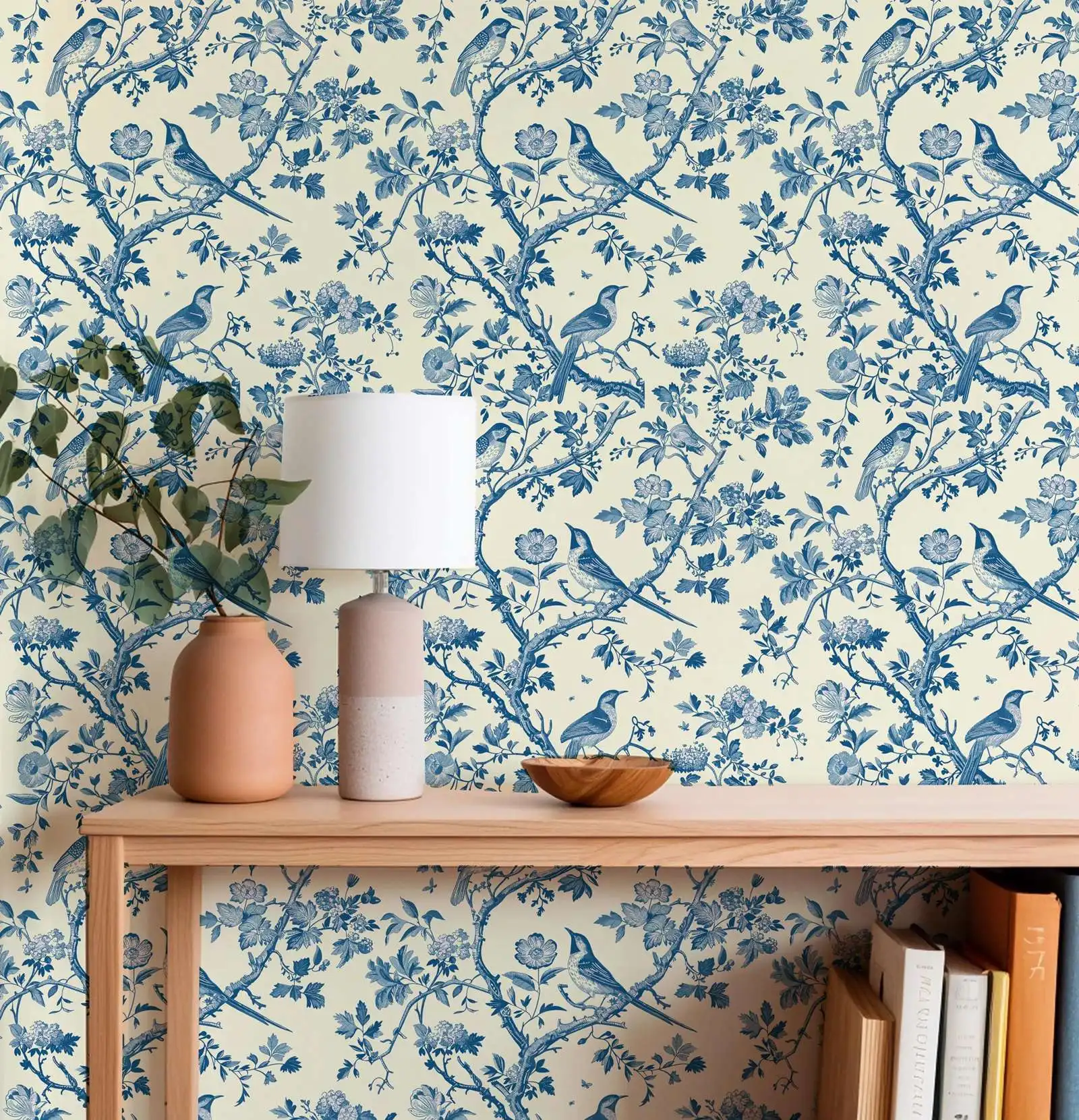 

Синие ботанические обои с птицами Peel and Stcik. Винтажные цветочные обои с птицами для домашнего декора, самоклеящиеся или традиционные