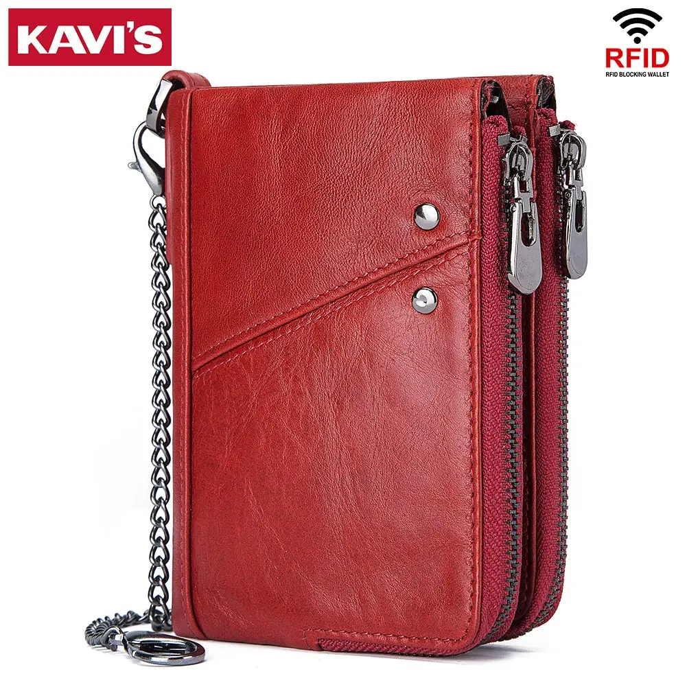 100% Genuine Leather Women Wallet Business Purse Large Capacity Clutch Bag RFID Blocking ID Card Holder With Anti-theft Chain