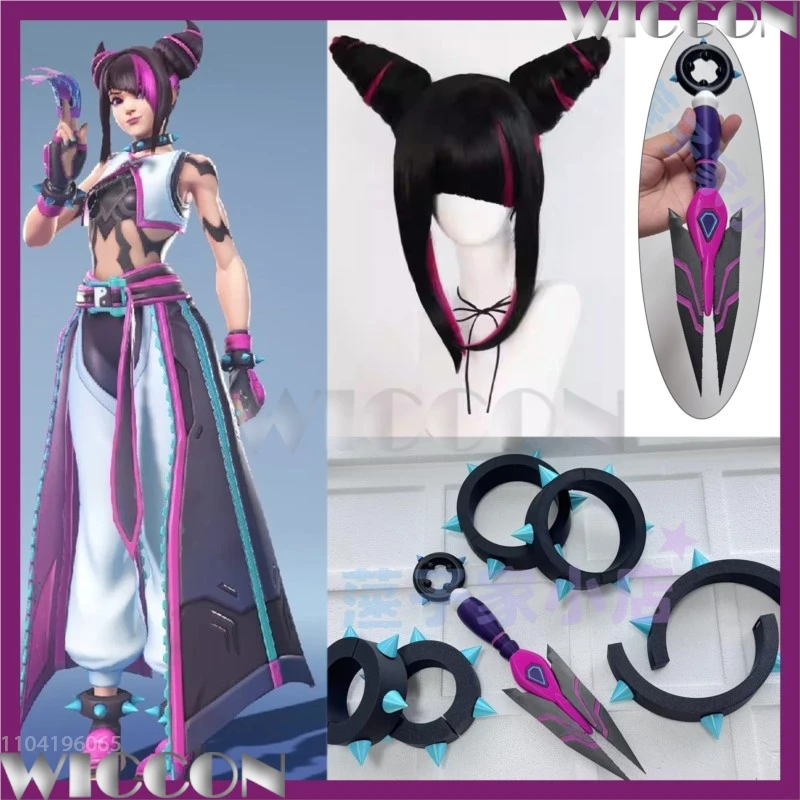 

Kiriko Juri Cos Game Han Over Cosplay Game Woman Double Bun Wig Black Purple Hair Choker Bolt Bracelet Halloween Party Roleplay