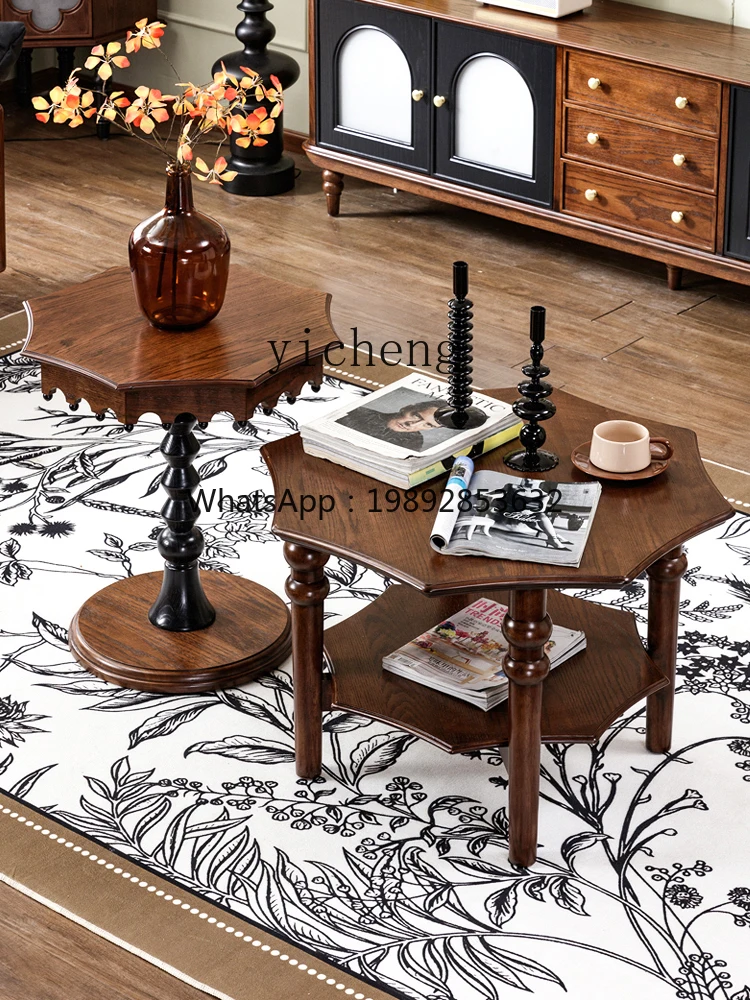 

Retro pure solid wood small tea few octagonal round creative sofa living room two-color advanced sense light luxury