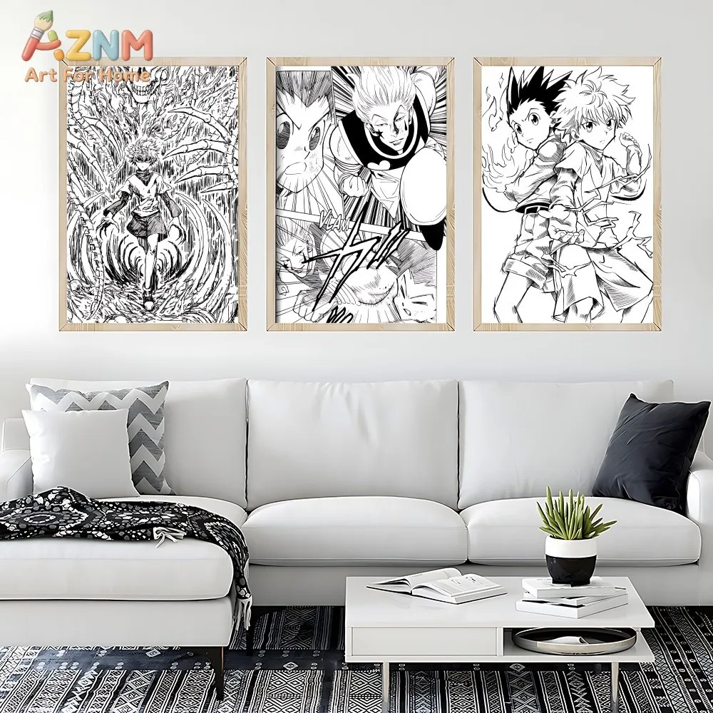 AZNM Hunter X Hunter Black White Manga Canvas Print Unframed Gon Killua Hisoka Anime Line Art Poster Boys Room Wall Decor Painti - view 2