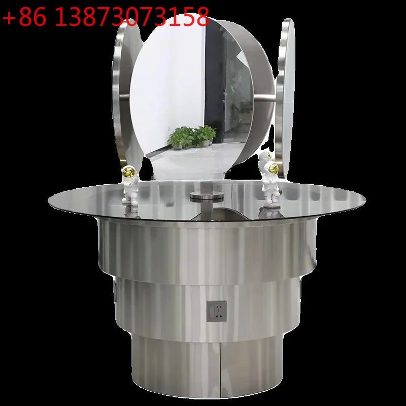 

Зеркальный стол для парикмахерской на четыре человека, для завивки и окрашивания волос, с поверхностью из закаленного стекла и нержавеющей стали, зеркало для стрижки в барбершопе.