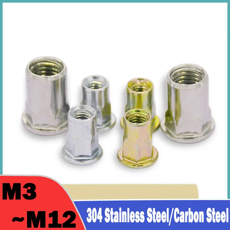 2~100Pcs M3 M4 M5 M6 M8 M10 M12 Carbon Steel/304 Stainless Steel Rivet Nut Flat Head Semi-Hexagon Hex Insert Rivnut Nutsert