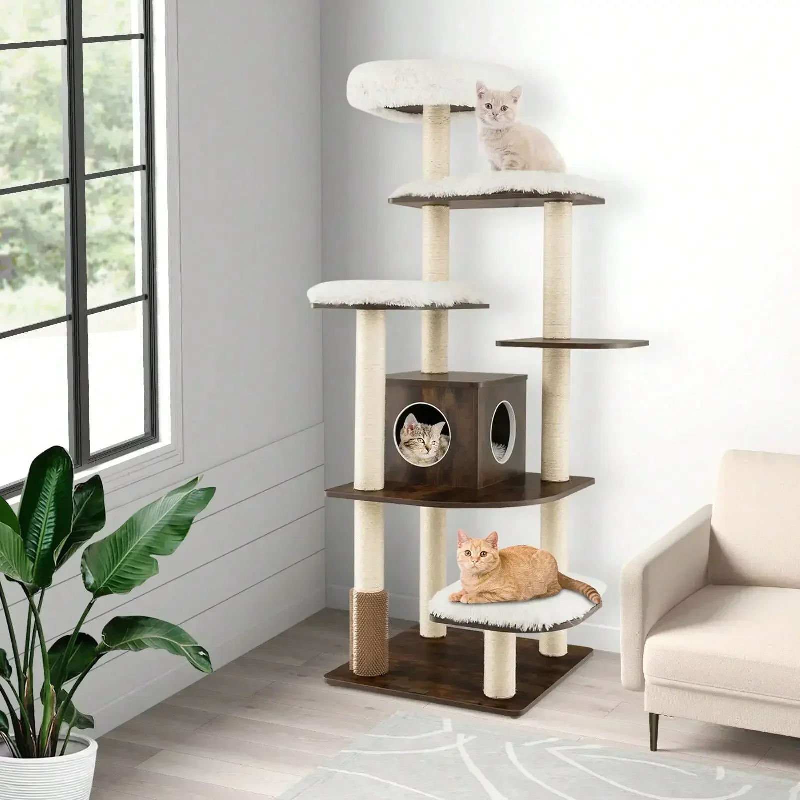 Wooden Cat Tree Layer Cat Tower Scratching Posts Perch