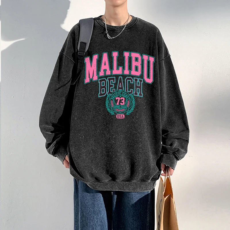 

Oversize Men Acid Wash Hoodie Malibu Beach Letter Prints Sweatshirt Autumn Crewneck Cotton Pullover Casual Couple Streetwear