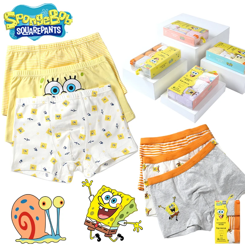 3Pcs SpongeBob Boys Panties Cartoon Cotton Underwears Anime Children\'s Flat Pants Cute Comfortable Pants Kids Gift 4-12y Panties