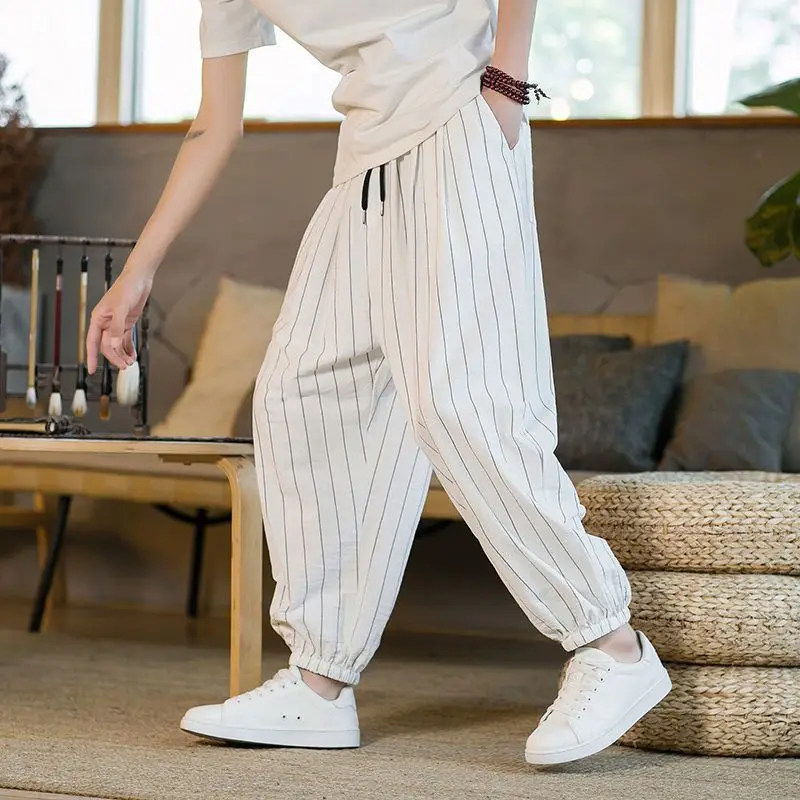 2024 Men Casual Harem Pants Fashion Loose Cotton Linen Wide Leg Pants Men Plus Size Elastic Waist Pantalones Trousers A003