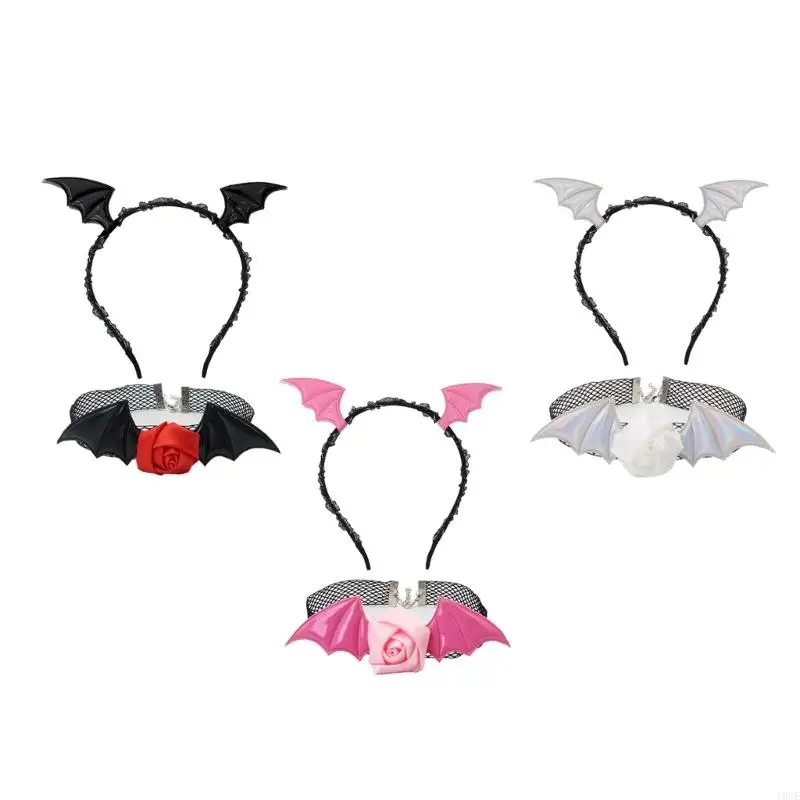 2Pcs Devil Bat Headband Flower Lace Choker Necklace Demons Costume Accessories for Carnivals Halloween Cosplay Party Props
