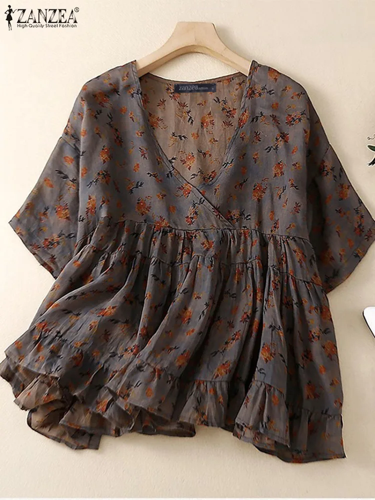 ZANZEA Fashion Holiday Ruffled Hem Blusas Women Drop Shoulder Sleeve Blouse 2024 Summer Floral Printing Shirt Casual Loose Tunic