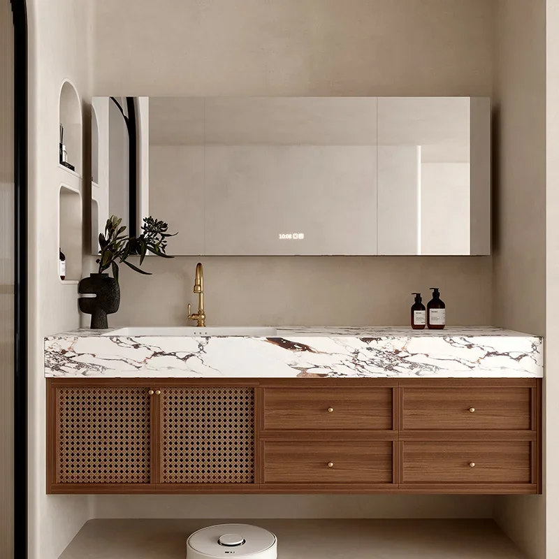 Medieval walnut rock slab integrated basin bathroom cabinet combination washbasin customization