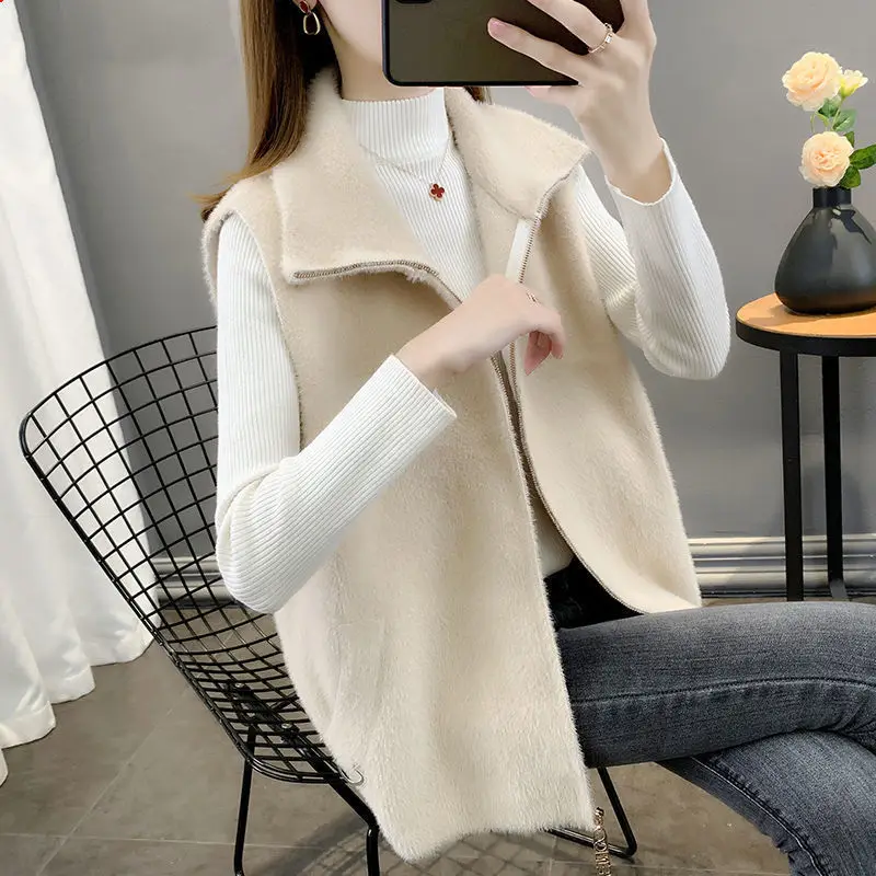 2024 New Autumn/Winter Imitation Mink Velvet Knitted Vest  Sleeveless Jacket Female Sweater CoatCasual Zipper Cardigan Waistcoat