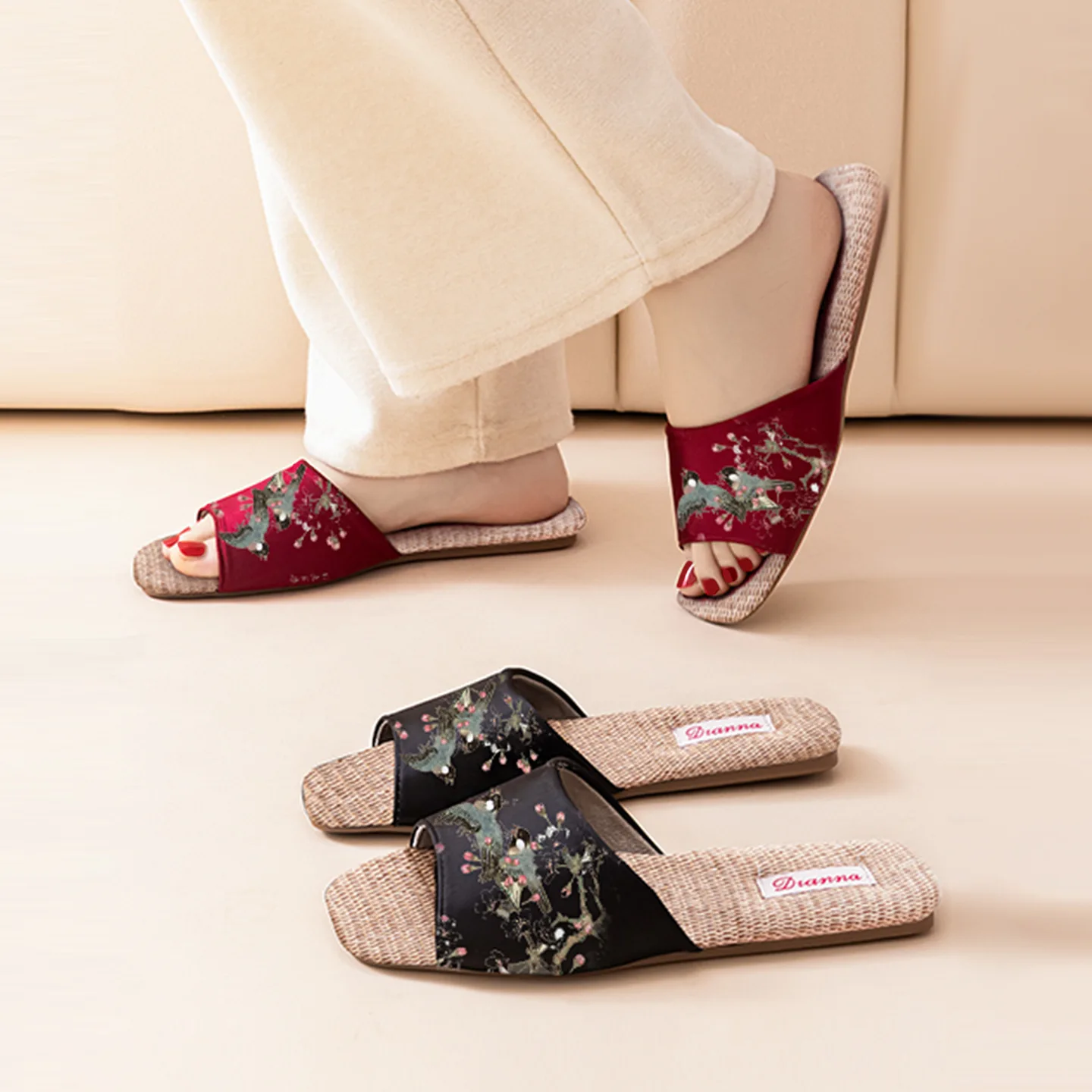 

Женские летние льняные шлепанцы, дышащие нескользящие тапочки на мягкой подошве, стильный принт — уютный комфорт для дома и дома (опция набора для пар)