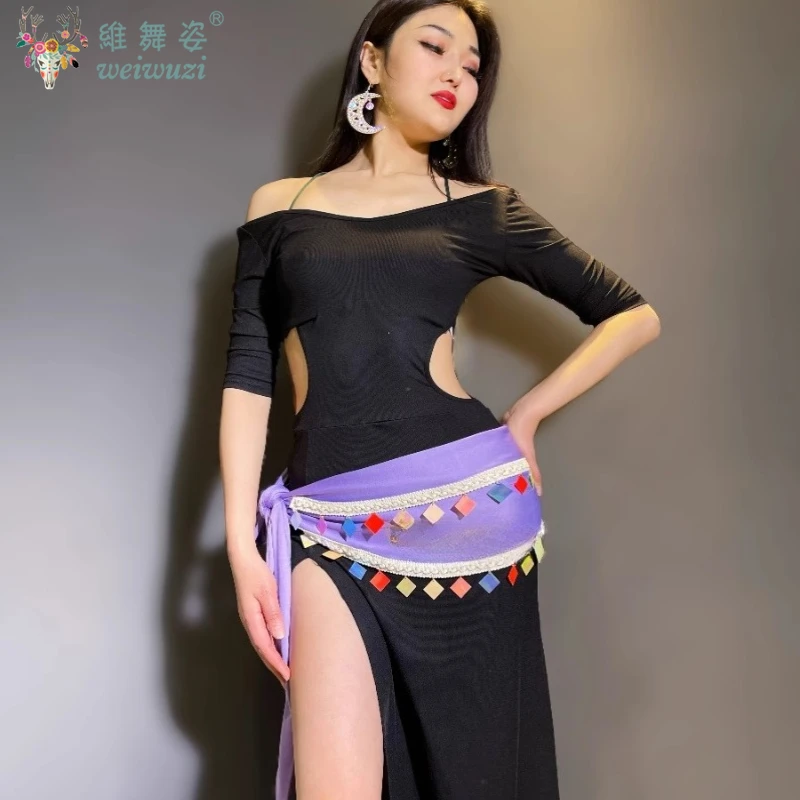 Catena in vita per danza del ventre per cintura da pratica di danza di strada per danza jazz per adulti con paillettes colorate a rete Shimmy con frange
