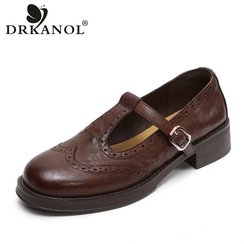 DRKANOL Handmade Retro Genuine Leather Brogue Shoes2026 Spring Summer Round Toe Shallow Thick Heel Literary Style Casual Shoes
