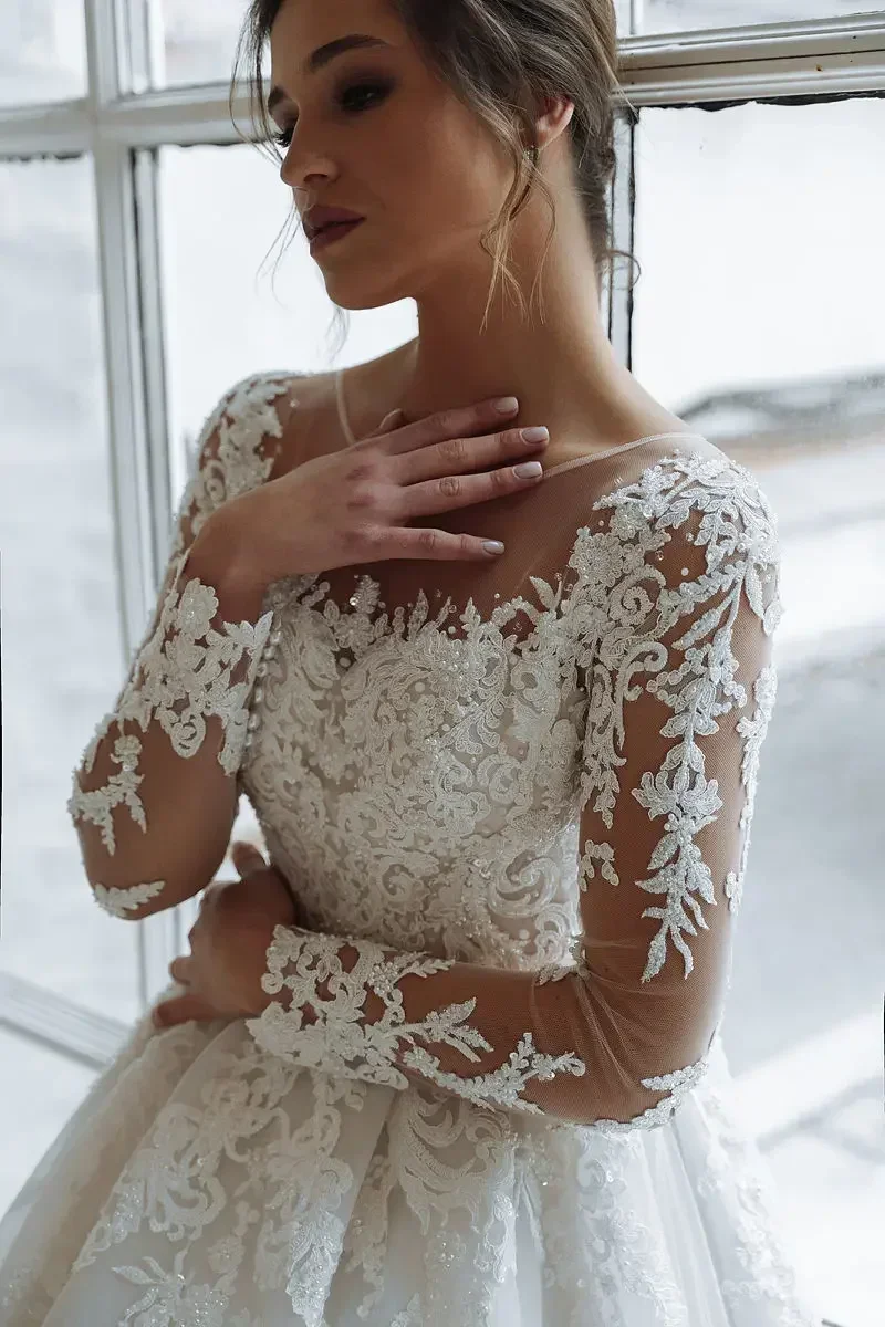 فساتين زفاف Flavinke مخصصة من vestidos de novia على شكل حرف a وأكمام طويلة مزينة بالدانتيل واللؤلؤ الأميرة للنساء فساتين العروس
