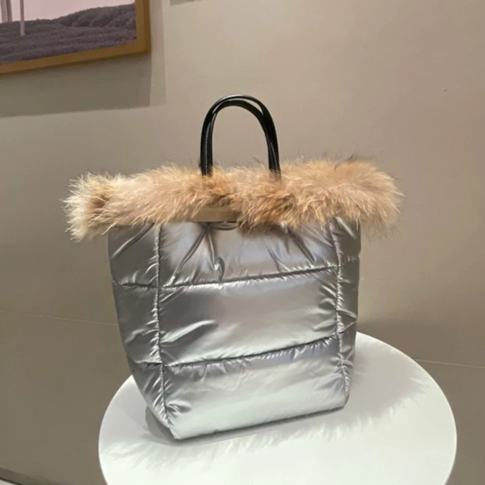 

Luxury Cotton Quilted Bucket Bag Fluffy Fur Shoulder Bags for Women Nylon Padded Handbag and Purses Winter Warm Shopper Tote New