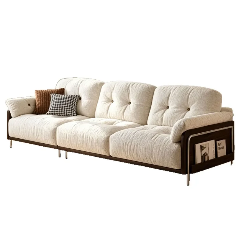 Retro Medieval Straight Sofa Chenille Fabric Solid Wood Frame Side Storage Soft Cushion Living Room Furniture