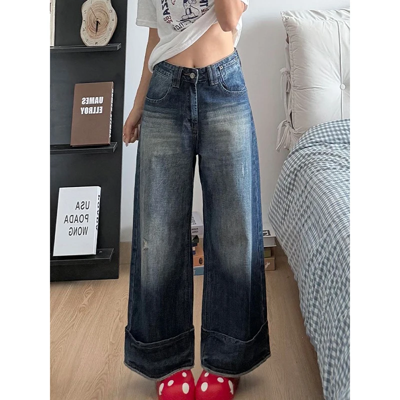 

ZHIZOU Women's Blue Gothic Jeans Y2K Baggy Japanese Harajuku Streetwear American Wide Leg Retro Jeans Denim Pants Clothing 2026