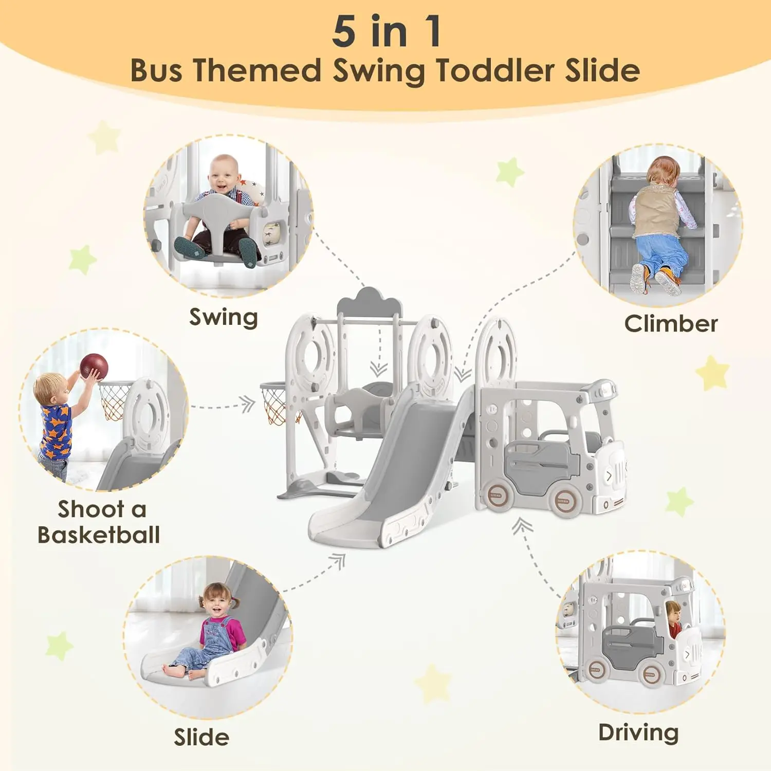 5 in 1 Toddler Slide and Swing Set, Kid Slide for Toddlers Age 1-3, Bus Themed Baby Slide with Basketball Hoop, Indoor