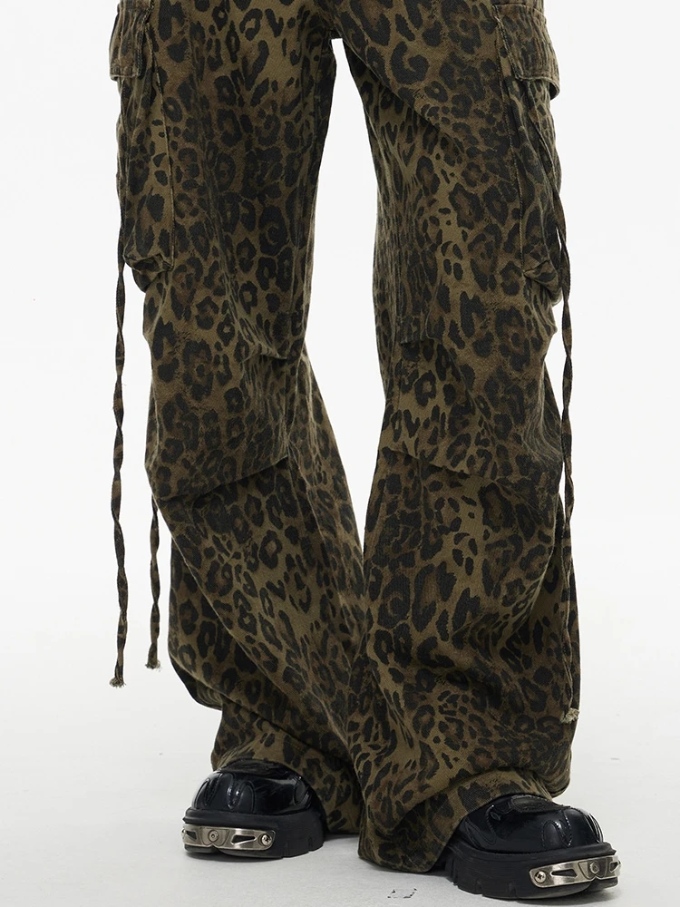 High Street Leopard Loose Pants Men's Retro Multi Pocket Loose Leopard Print Straight Leg Pants Workwear Lazy Casual Pants