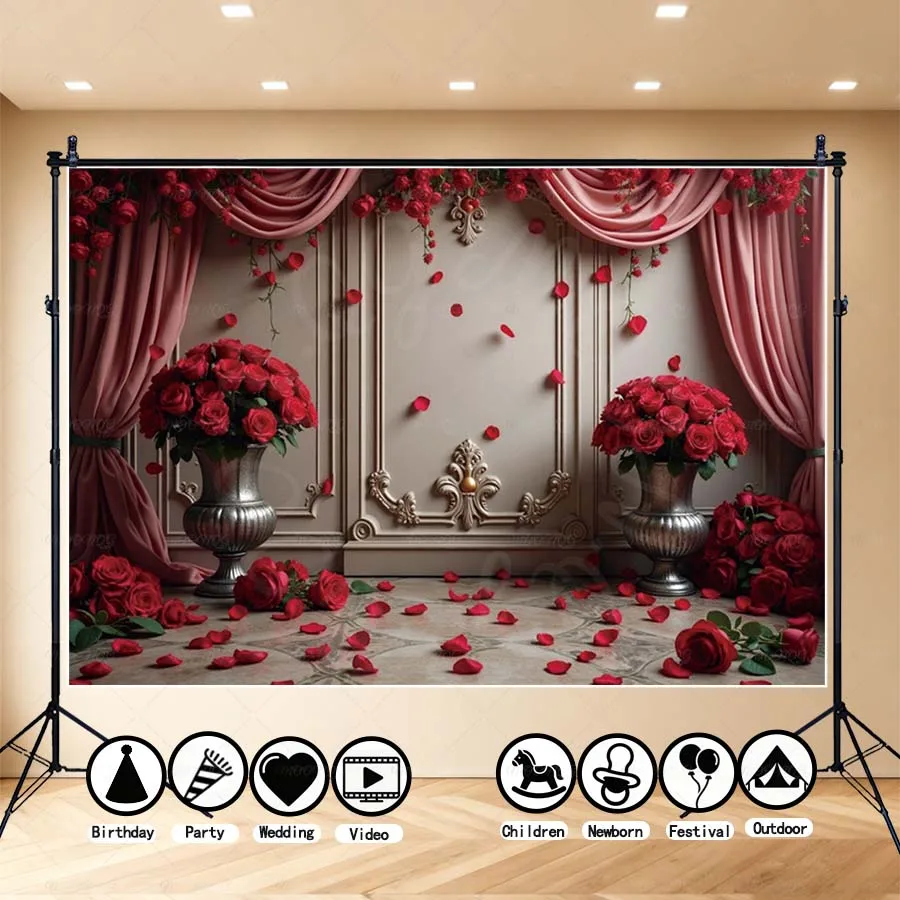 

MOON.QG Valentine's Day Red Curtains Photo Background Curtains Wooden Door Rose Backdrops Photography Lover February 14 Poster