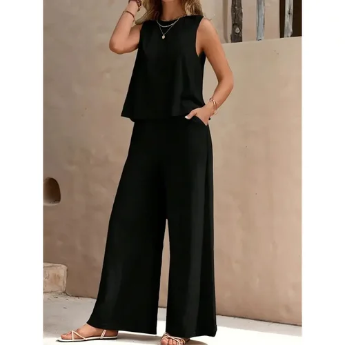 Imagen 2 del producto Conjunto de dos piezas para mujer, novedad de verano 20220, chaleco versátil sin mangas con cuello redondo, Tops, trajes, conjuntos de pantalones de pierna ancha holgados informales a la moda