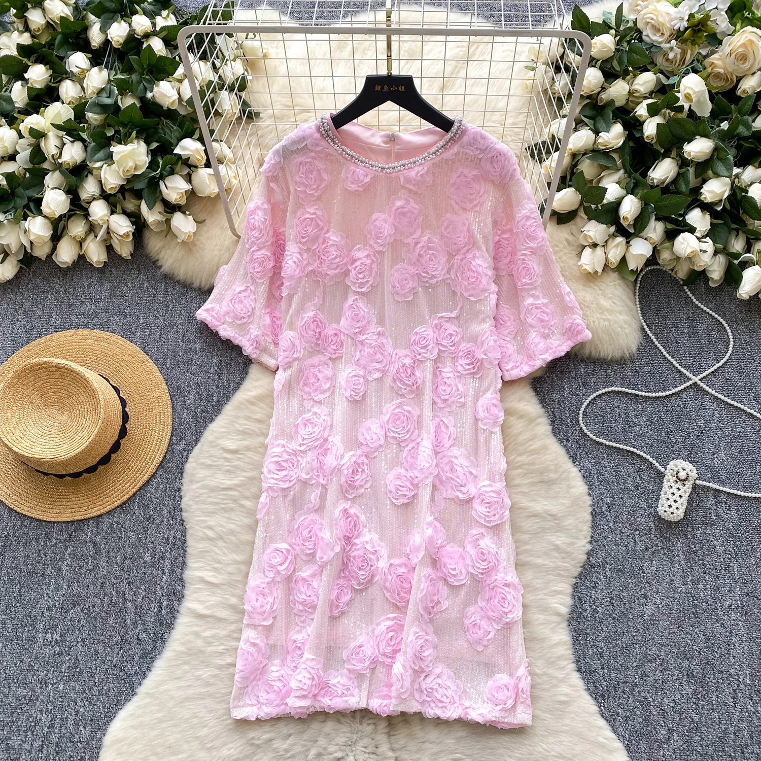 Elegancka sukienka w stylu vintage, trójwymiarowa, z krótkim rękawem, w stylu koreańskim, boho, dla kobiet.