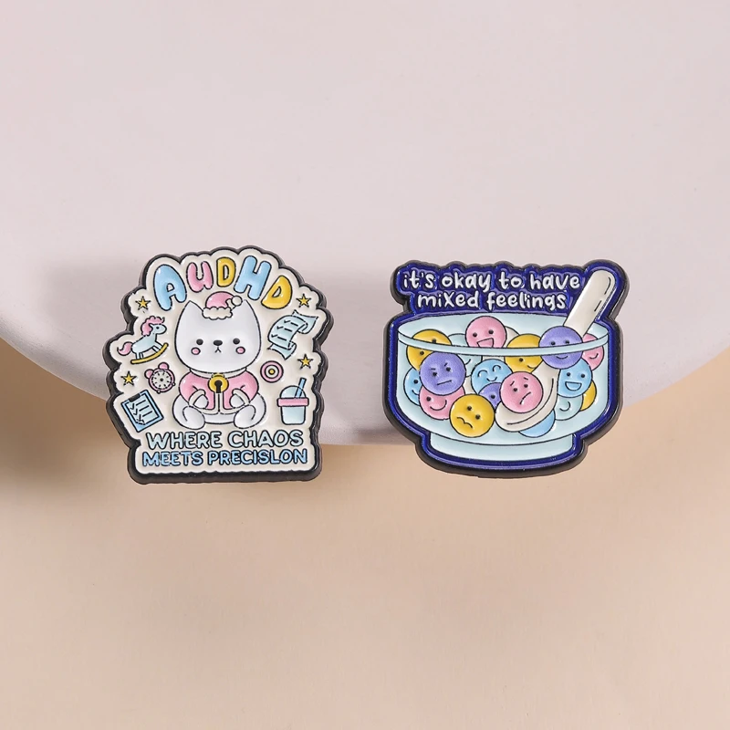 Neurodiversity Acceptance Pin ADHD Cat Design Brooch with Mixed Emotions Bowl Accessory for Daily Wear Mental Health Gift