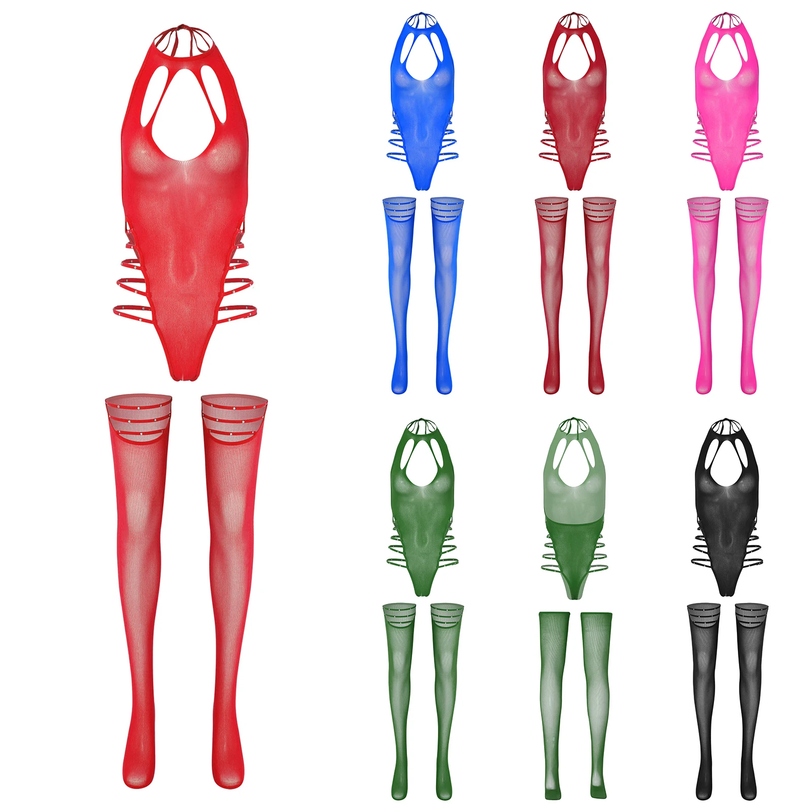 

Womens Shiny Rhinestone Sheer Bodysuit with Thigh High Stockings See Through Hollow Out Halter Neck High Cut Teddy Leotard