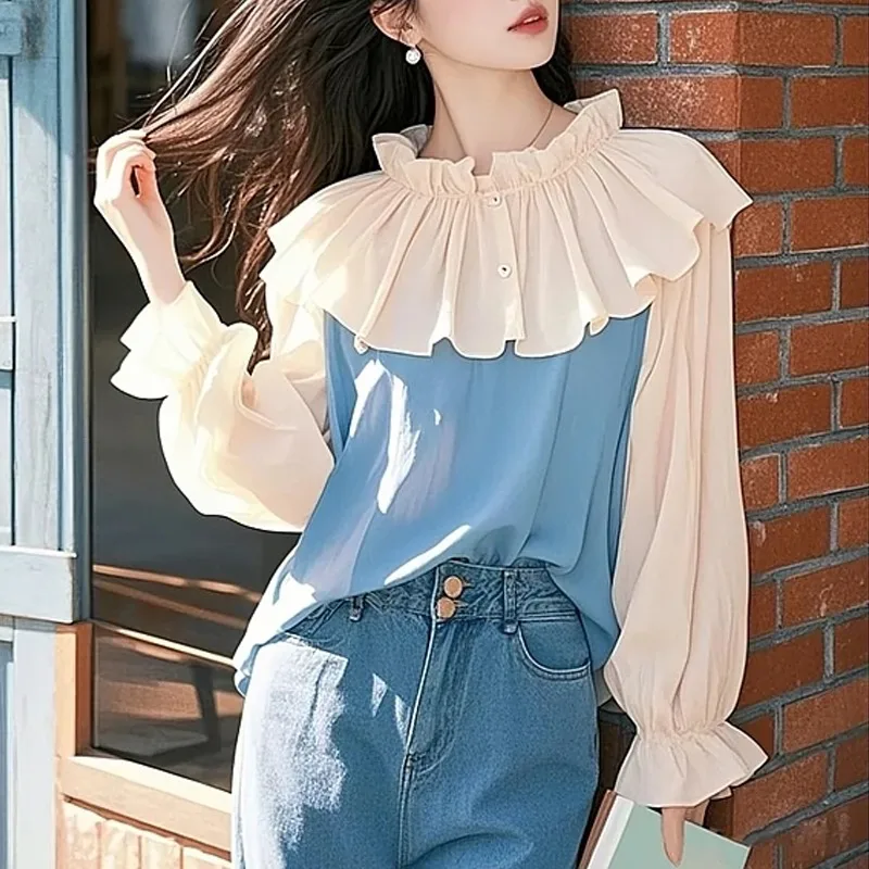 Chiffon Damen Blusen Rüschen Koreanische Shirts MODE Lose Frühling/Sommer Vintage Kleidung Patchwork Langarm Frauen Tops