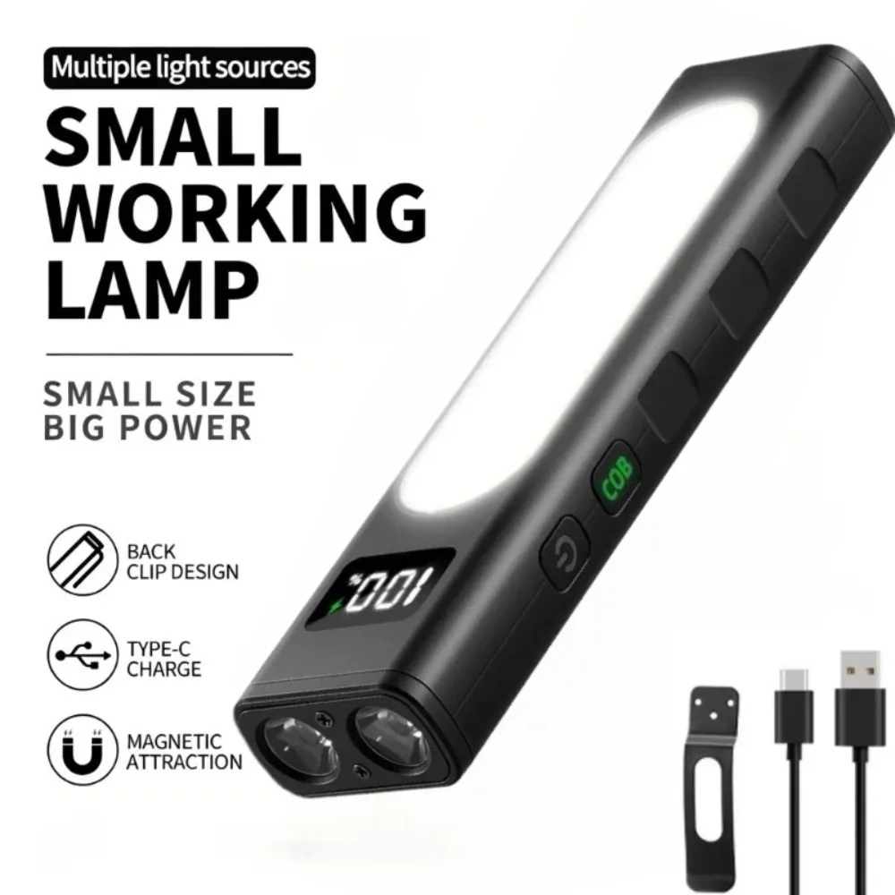 Portable EDC LED Flashlight Type-C Rechargeable Magnetic COB Work Lamp for Outdoor Camping Hiking Emergency Lighting