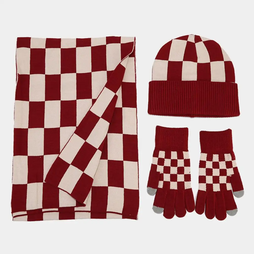 Gorro de invierno de estilo a cuadros para exteriores, conjunto de guantes con estampado de cuadros, guantes de pantalla táctil