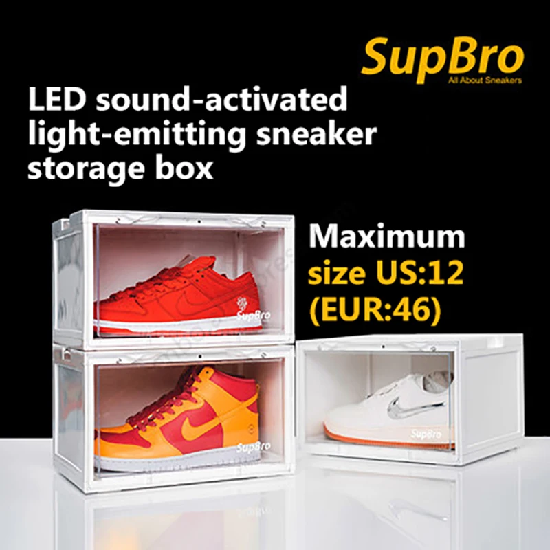 SupBro Crate Small Size LED Voice Activated Light Emitting Collection Shoes Box Side Opening AJ Sneaker Storage Box Shoe Wall