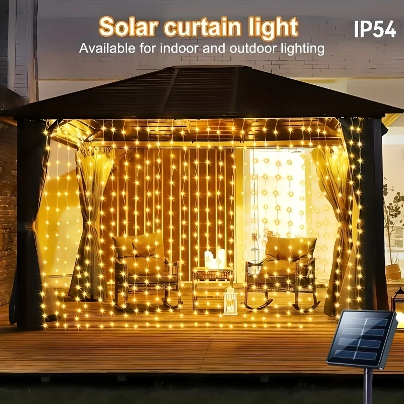 

1pc Outdoor Solar Curtain Light Starry Sky Design Fairy String Light 8 Modes for Yard Fence Wedding Garden Christmas Decoration