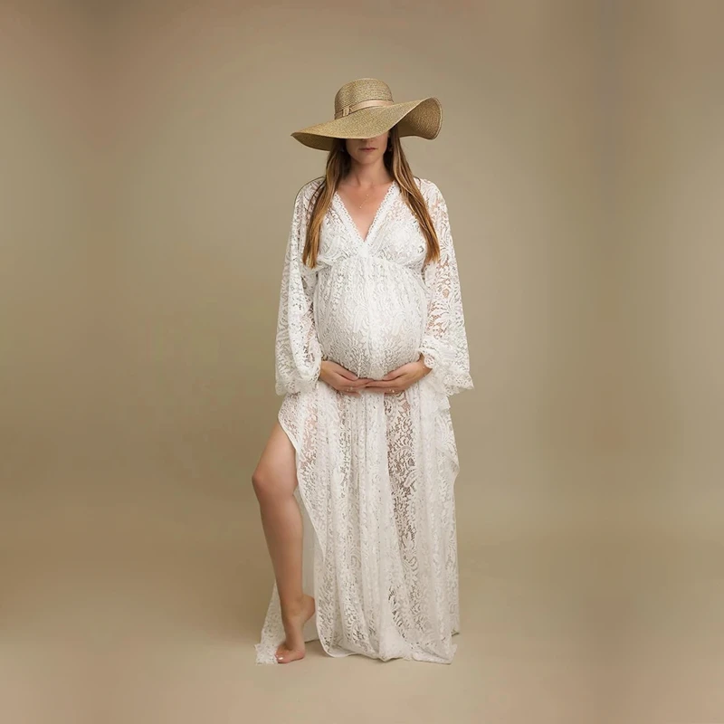 

White Lace Boho Maternity Photo Shoot Long Dresses V-neck Full Sleeve Bohemian Pregnant Woman Maxi Dress