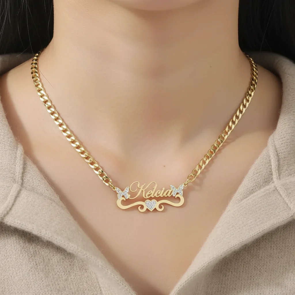 

Custom Name Necklace Stainless Steel 18K Gold Plated Stainless Steel Zircon Letters Butterfly Pendant for Women with Thick Chain