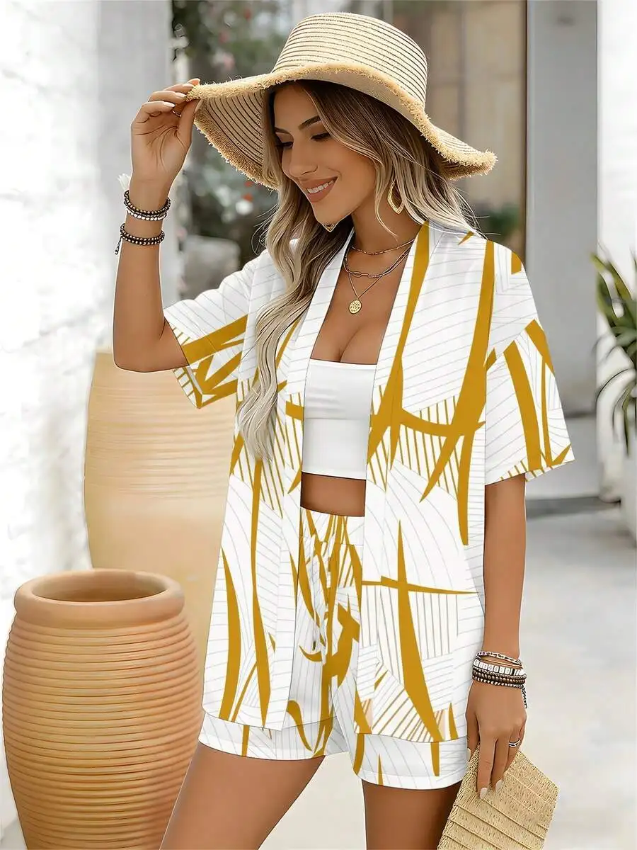 

Abstract Tropical Leaves Womens Cardigan And Shorts Set Summer Beach Vacation Outfit Soft Comfortable