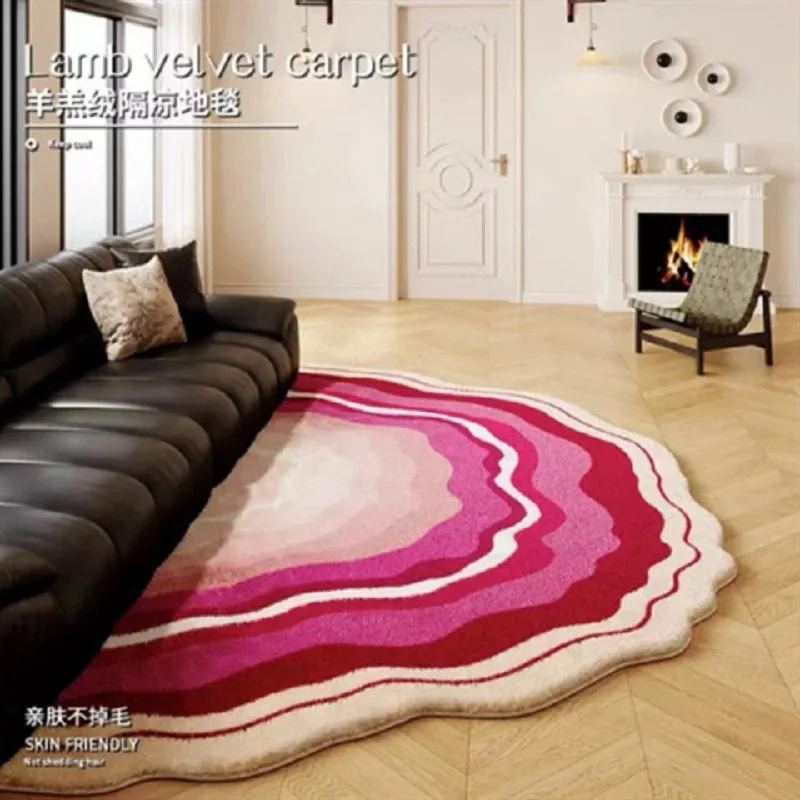 VIKAMA Romantic Pink Gradient Wavy Floor Rug, Thick Lamb Velvet Irregular Shape Carpet for Home Living Room Bedroom Decoration