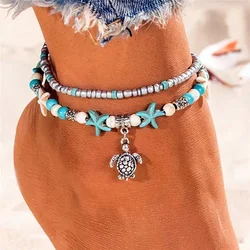Blue Color Fashion Sea Turtle Starfish Shell Beads Anklets for Women Multilayer Anklet Leg Bracelet Bohemian Jewelry Accessories