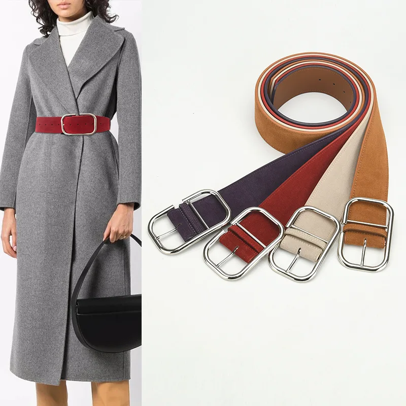 

New vintage belt coat dress decorated with nubuck leather, fashionable simple pin-buckle waistband