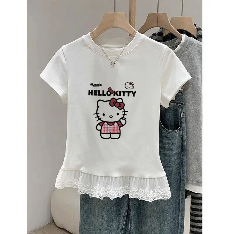 

Sanrio летняя футболка с короткими рукавами Hello Kitty Kawaii для девочек, новый стиль, модный удобный милый подарок с героями мультфильмов для подруги
