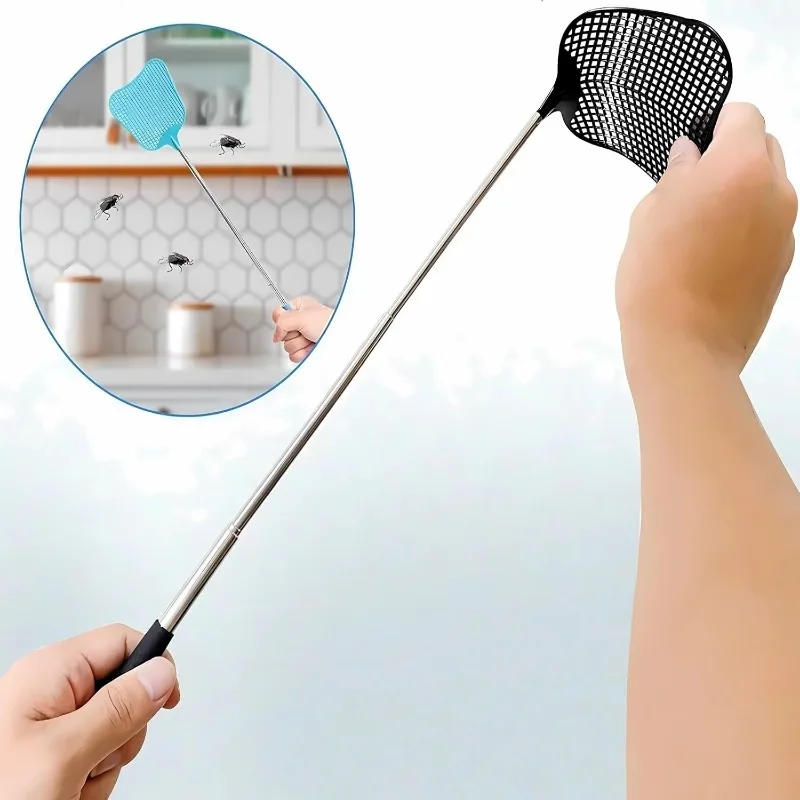 Plástico Durável TelescopicFly Swatter, Punho De Aço Inoxidável, Armadilha De Mosquito, Controle De Pragas, Ferramentas Manuais, Itens De Cozinha Doméstica